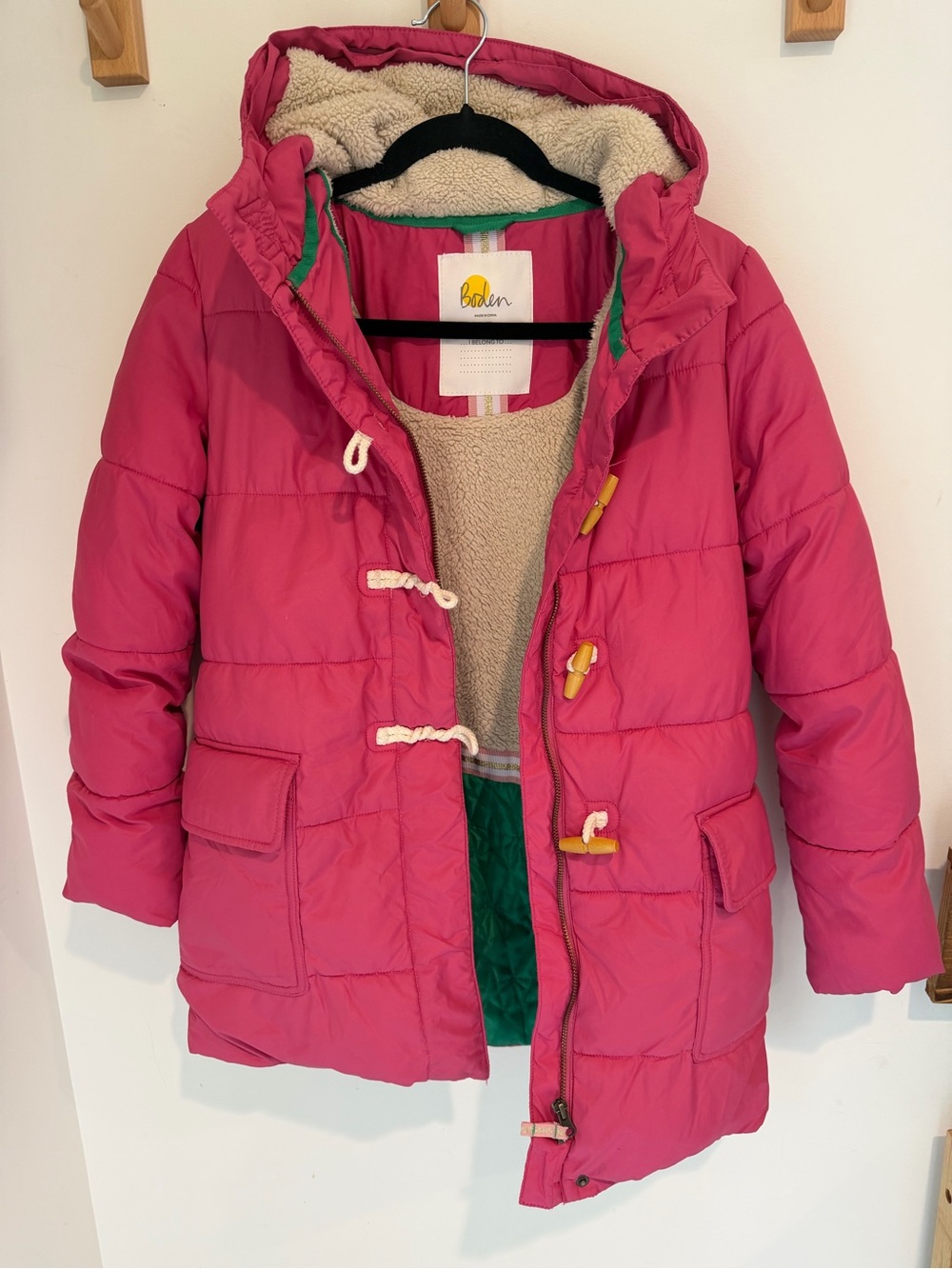 Boden Girls' Bright Pink Hooded Puffer Coat with Toggle Closures